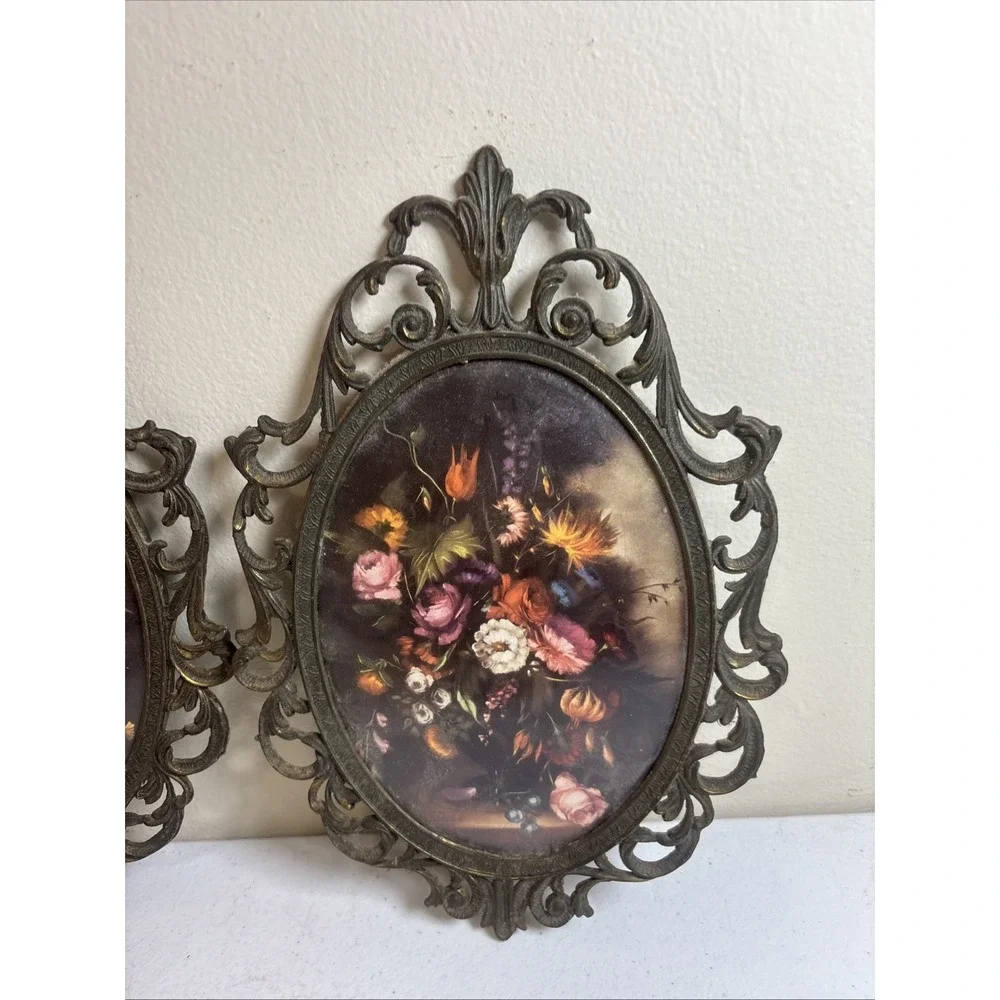 Pair Vintage Oval Metal Ornate Frame Floral Pictured Bubble Glass Made in Italy